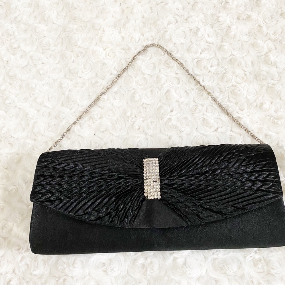 Elegant Black Pleated Satin Flap Clutch Evening